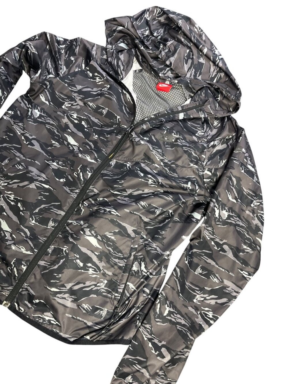 Nike Mens Camo Hooded Windbreaker Jacket L Black & Gray Polyester Small rip